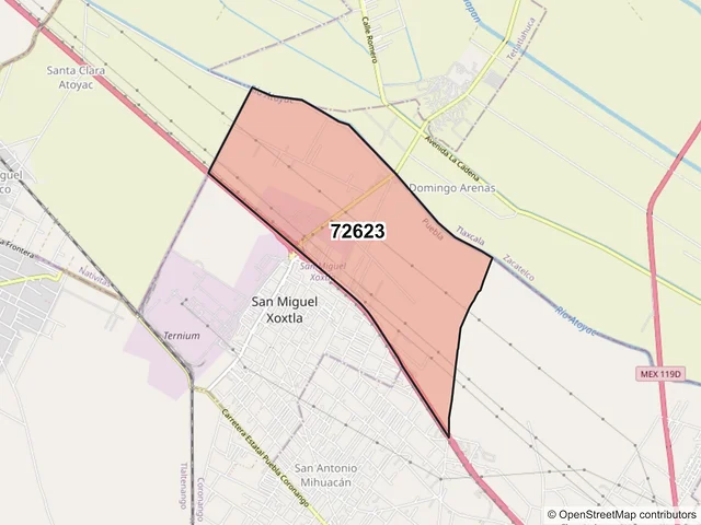 Mapa del código postal 72623, San Miguel Xoxtla, Puebla