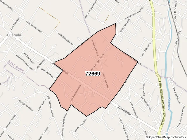 Mapa del código postal 72669, Juan C. Bonilla, Puebla