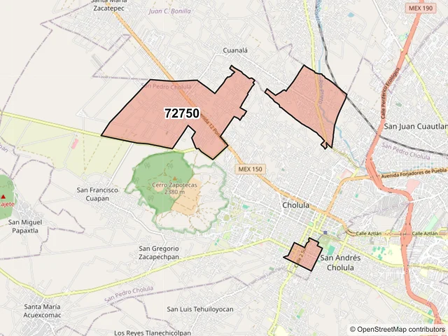 Mapa del código postal 72750, San Pedro Cholula, Puebla