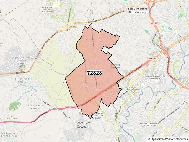 Mapa del código postal 72828, San Andrés Cholula, Puebla