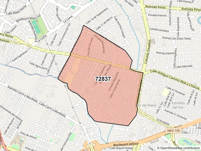 Mapa del código postal 72837, San Andrés Cholula, Puebla