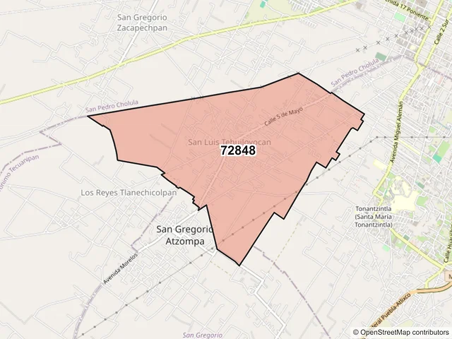 Mapa del código postal 72848, San Andrés Cholula, Puebla