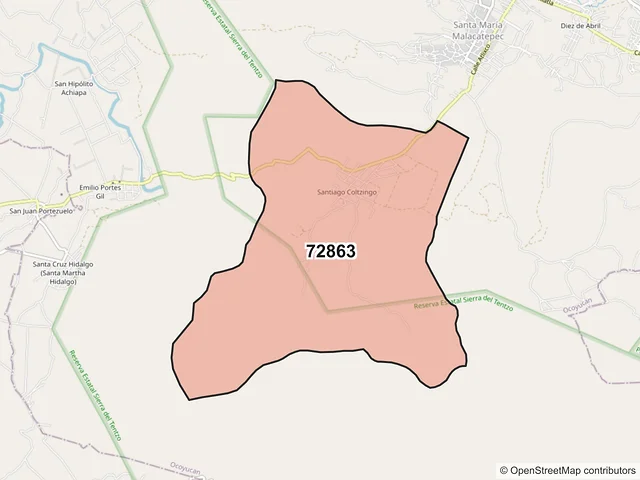Mapa del código postal 72863, Ocoyucan, Puebla