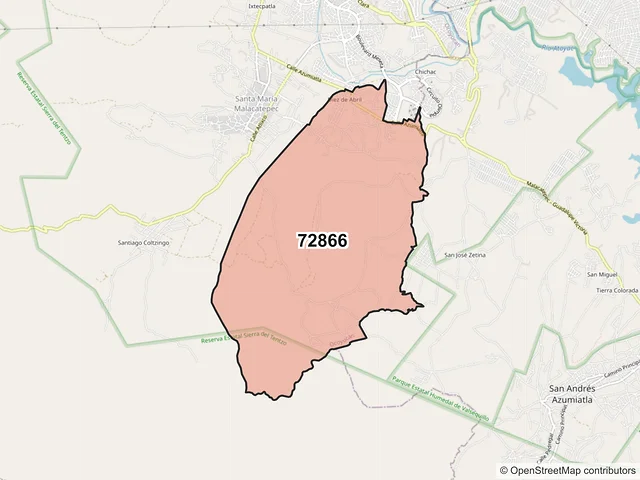 Mapa del código postal 72866, Ocoyucan, Puebla