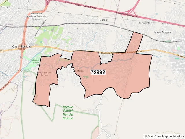 Mapa del código postal 72992, Amozoc, Puebla