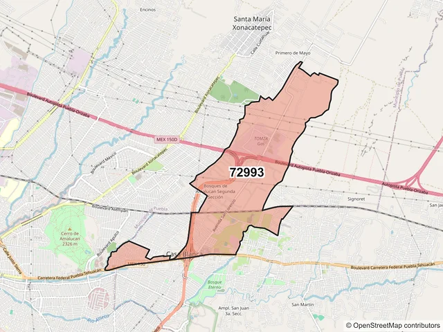 Mapa del código postal 72993, Amozoc, Puebla