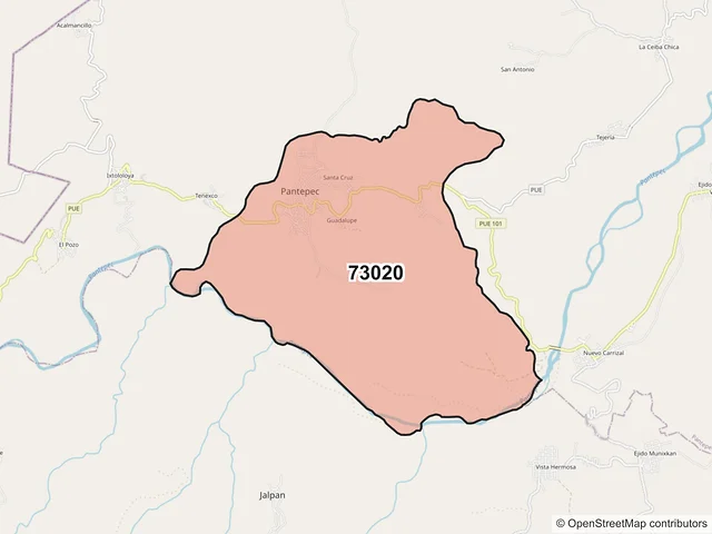 Mapa del código postal 73020, Pantepec, Puebla