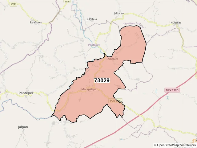 Mapa del código postal 73029, Pantepec, Puebla