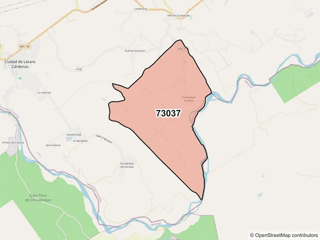 Mapa del código postal 73037, Venustiano Carranza, Puebla