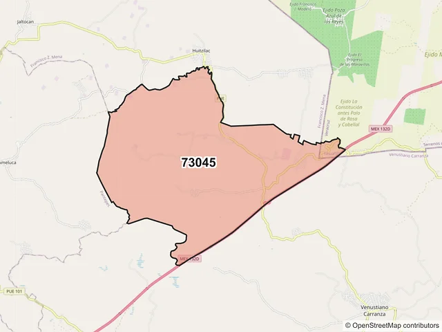 Mapa del código postal 73045, Venustiano Carranza, Puebla