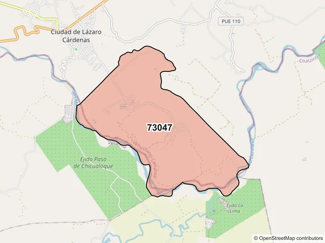 Mapa del código postal 73047, Venustiano Carranza, Puebla