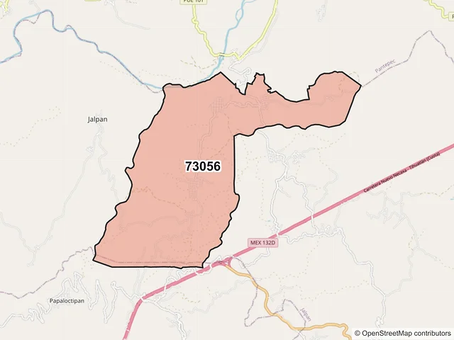 Mapa del código postal 73056, Jalpan, Puebla