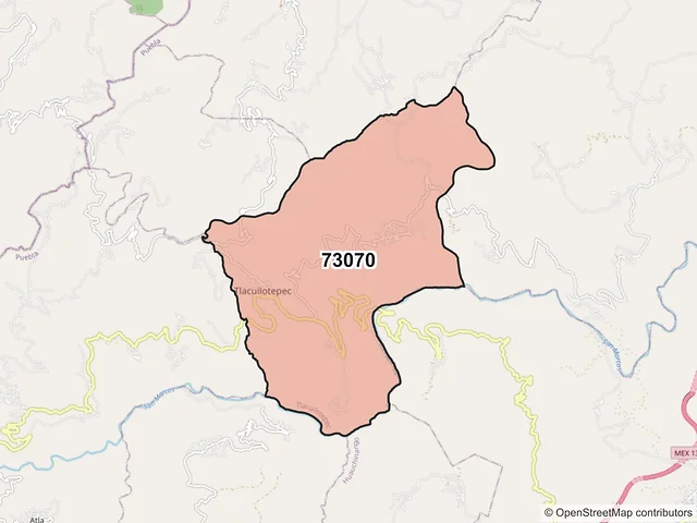 Mapa del código postal 73070, Tlacuilotepec, Puebla