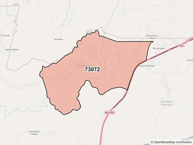 Mapa del código postal 73072, Tlacuilotepec, Puebla