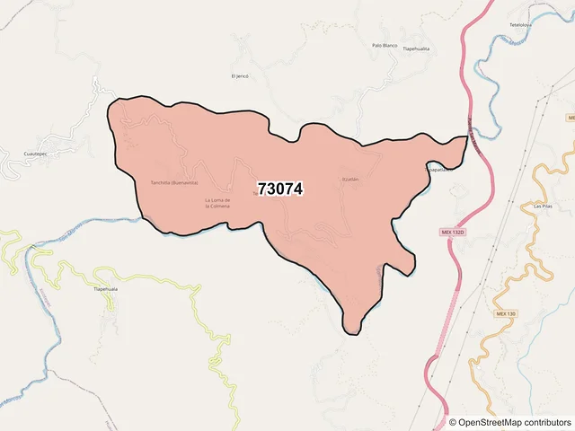Mapa del código postal 73074, Tlacuilotepec, Puebla