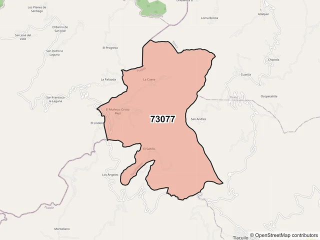 Mapa del código postal 73077, Tlacuilotepec, Puebla