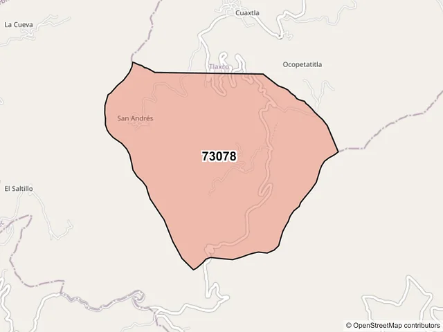 Mapa del código postal 73078, Tlacuilotepec, Puebla