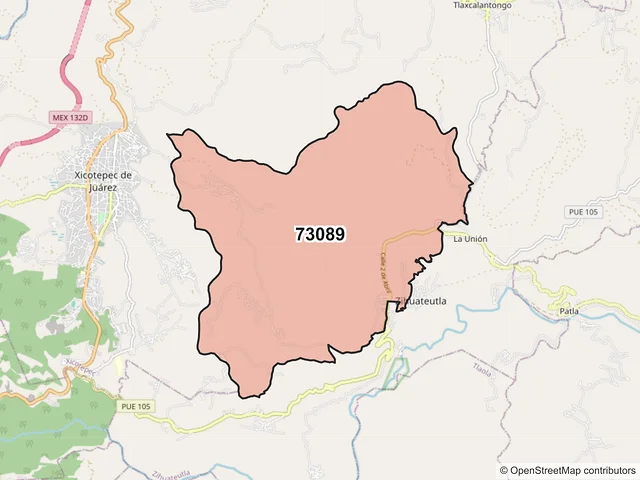 Mapa del código postal 73089, Xicotepec, Puebla