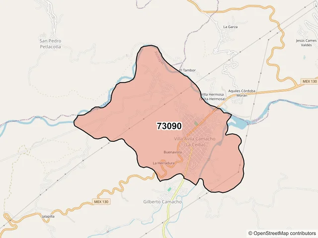 Mapa del código postal 73090, Xicotepec, Puebla