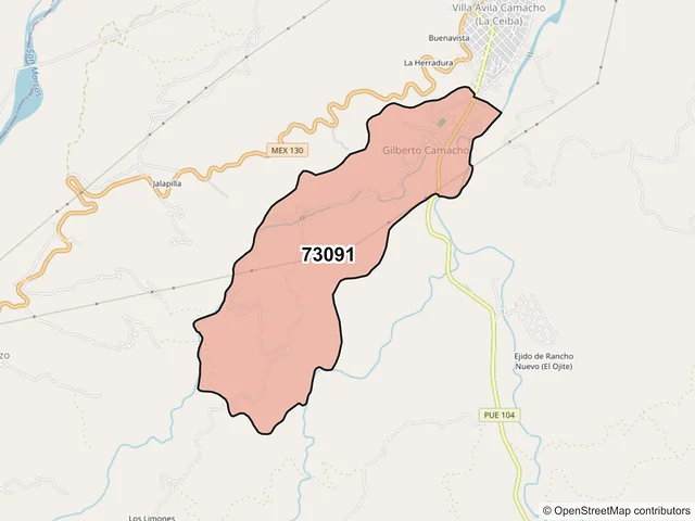 Mapa del código postal 73091, Xicotepec, Puebla