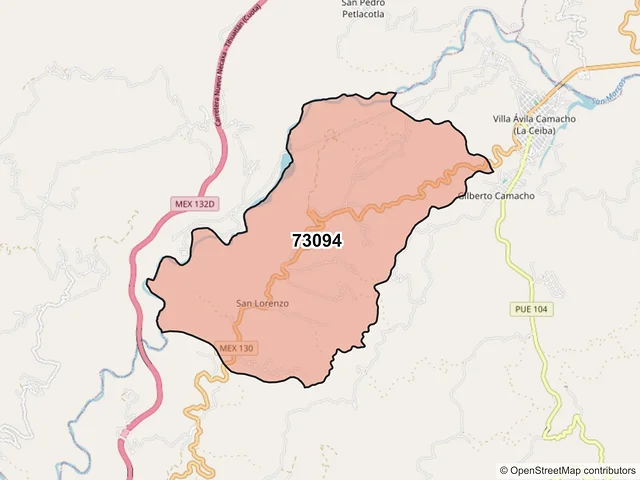 Mapa del código postal 73094, Xicotepec, Puebla