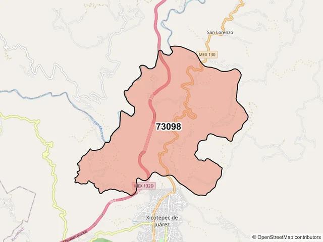 Mapa del código postal 73098, Xicotepec, Puebla