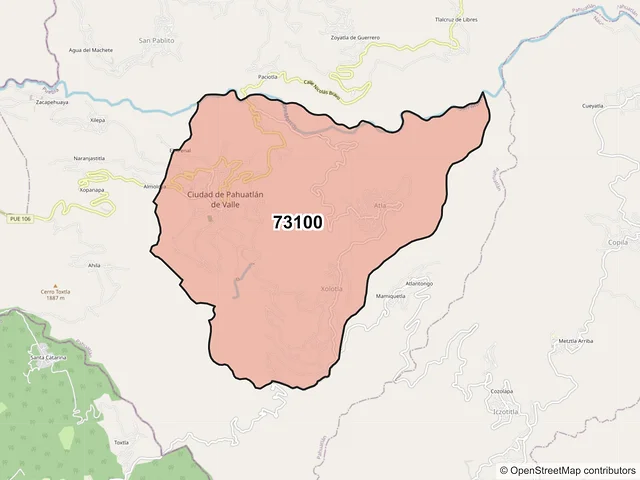 Mapa del código postal 73100, Pahuatlán, Puebla