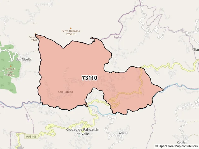 Mapa del código postal 73110, Pahuatlán, Puebla