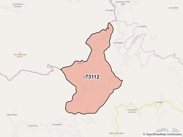 Mapa del código postal 73112, Pahuatlán, Puebla