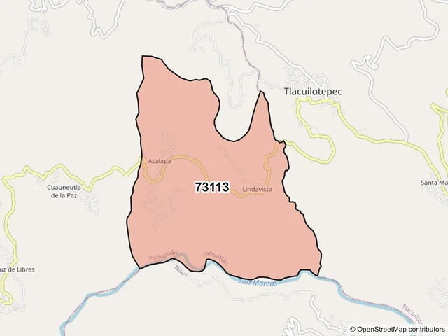 Mapa del código postal 73113, Pahuatlán, Puebla