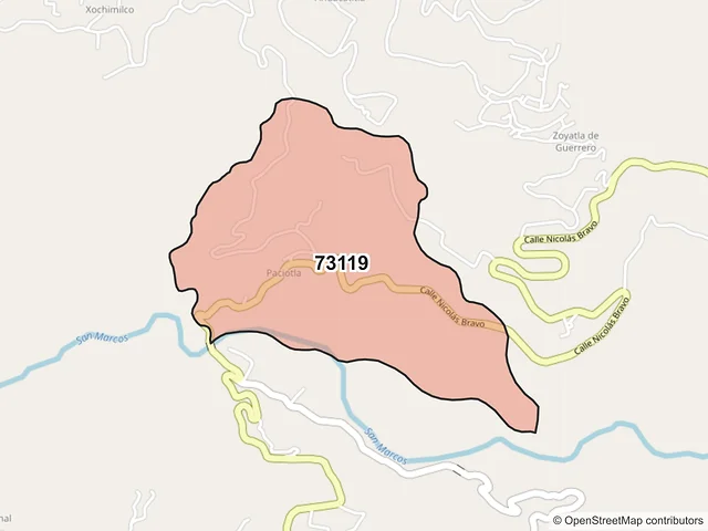 Mapa del código postal 73119, Pahuatlán, Puebla