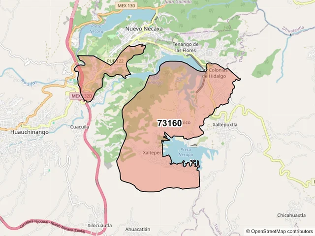 Mapa del código postal 73160, Huauchinango, Puebla
