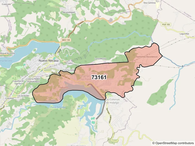 Mapa del código postal 73161, Huauchinango, Puebla