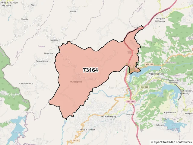 Mapa del código postal 73164, Huauchinango, Puebla