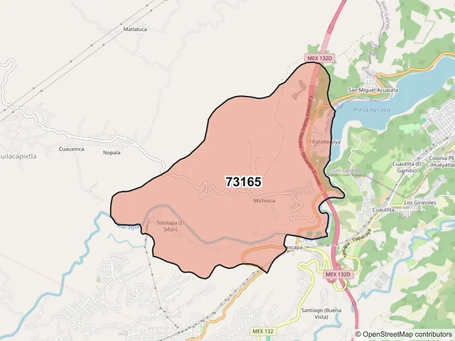 Mapa del código postal 73165, Huauchinango, Puebla