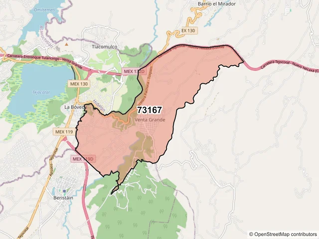 Mapa del código postal 73167, Huauchinango, Puebla