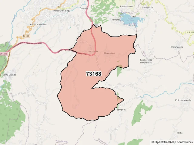 Mapa del código postal 73168, Huauchinango, Puebla