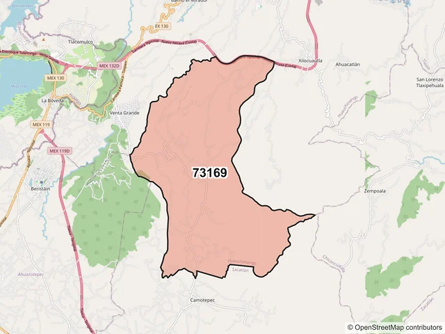Mapa del código postal 73169, Huauchinango, Puebla