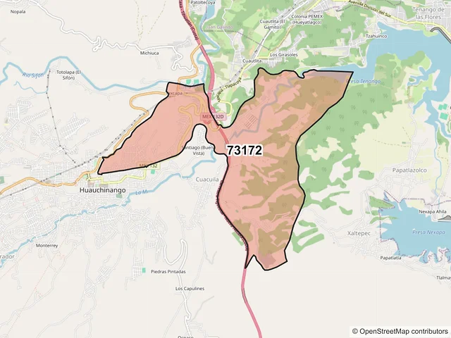 Mapa del código postal 73172, Huauchinango, Puebla