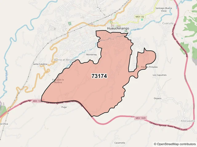 Mapa del código postal 73174, Huauchinango, Puebla