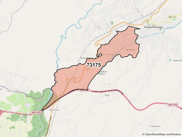 Mapa del código postal 73175, Huauchinango, Puebla