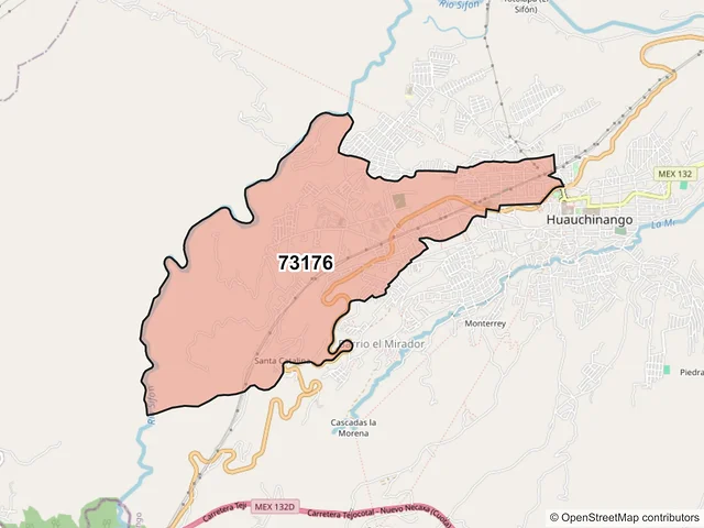 Mapa del código postal 73176, Huauchinango, Puebla