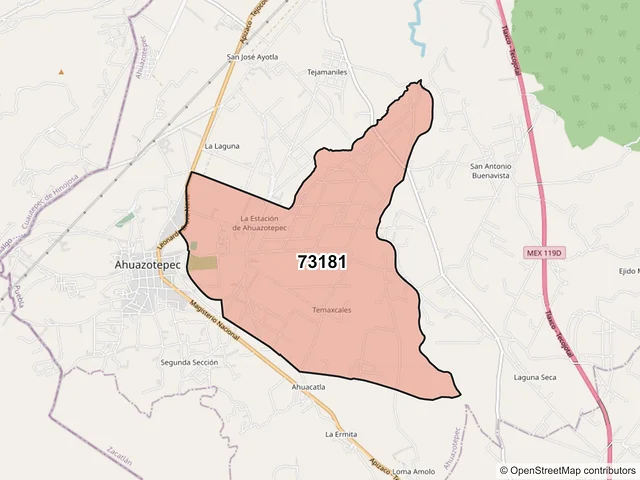 Mapa del código postal 73181, Ahuazotepec, Puebla