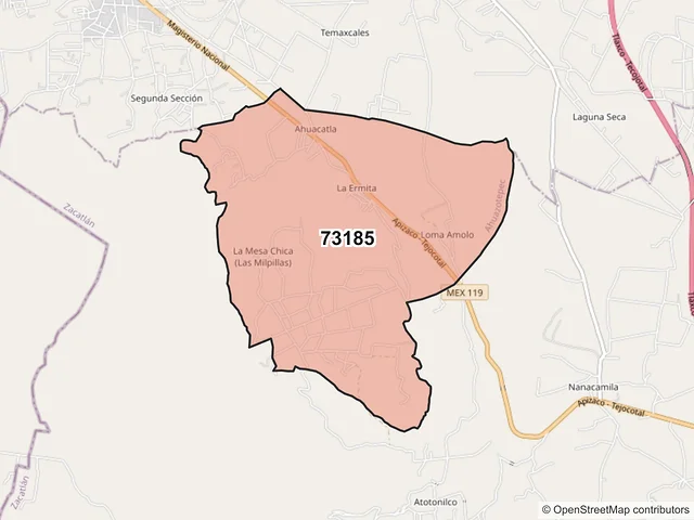 Mapa del código postal 73185, Ahuazotepec, Puebla