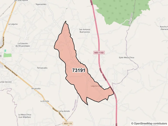 Mapa del código postal 73191, Ahuazotepec, Puebla