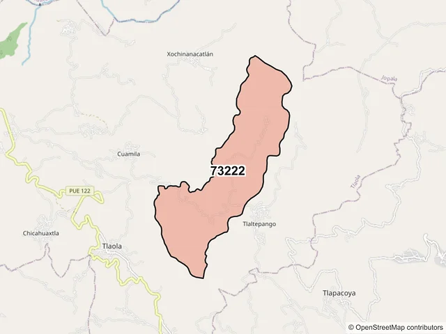 Mapa del código postal 73222, Tlaola, Puebla
