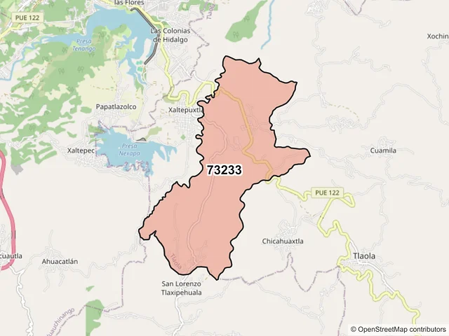 Mapa del código postal 73233, Tlaola, Puebla