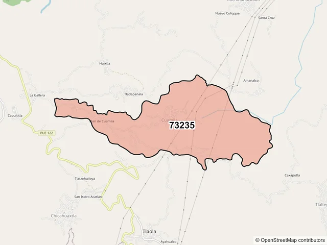 Mapa del código postal 73235, Tlaola, Puebla
