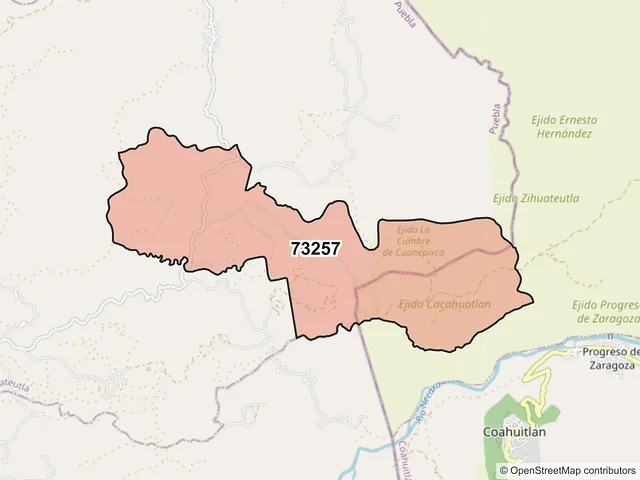 Mapa del código postal 73257, Zihuateutla, Puebla