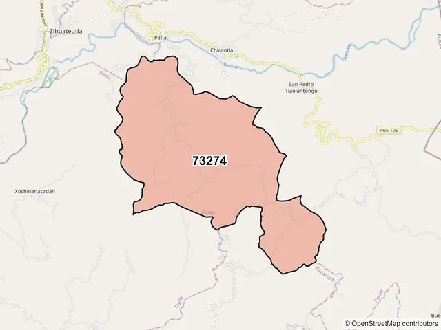 Mapa del código postal 73274, Jopala, Puebla